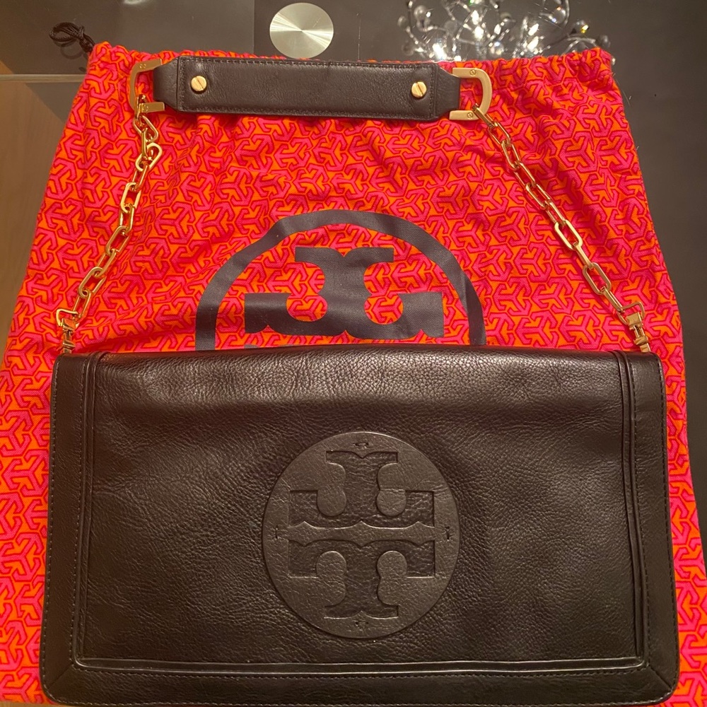 Tory Burch black leather clutch on chain